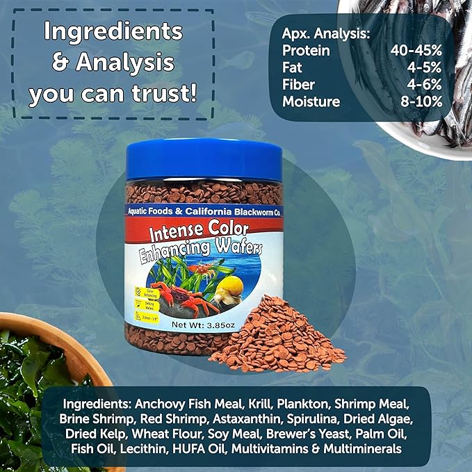 Aquatic Foods Inc. 3.5mm - 1/8" Micro Sinking Color Enhancing Wafers for Bottom Fish, Plecos, Catfish, Shrimp, Snails, Crabs, Call Tropical Fish, 4-Type Wafer & 12-Type Pellet Mix Included..1-lb 4oz
