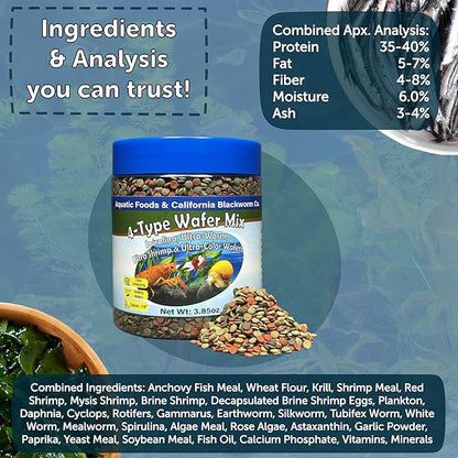 Aquatic Foods Inc. 4-Type 3.5mm - 1/8" Sinking Wafer Mix of Spirulina-Algae, Ultra-Worm, Ultra-Shrimp, Color Enhancing Wafers for Shrimp, Snails, Crabs, Crayfish, All Tropical Fish, 3.5mm..5oz