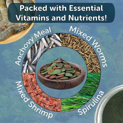 Aquatic Foods Inc. 4-Type 12mm - 1/2" Sinking Wafer Mix of Spirulina-Algae, Ultra-Worm, Shrimp, Color Enhancing for Shrimp, Snails, Crabs, Crayfish, Bottom Fish, 12-Type Pellet Mix Included...1-lb 6oz