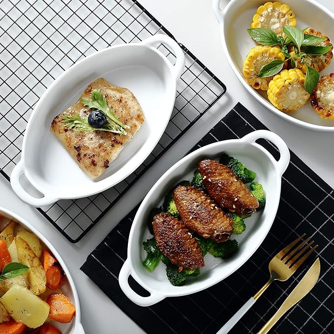 Bruntmor 8 x 5 inch Oval Porcelain Ceramic Deep Dish Au Gratin Pan Set of 4, Dual Handle Au Gratin Baking Dishes, Oven Safe Roasting Lasagna Pan For kitchen- White