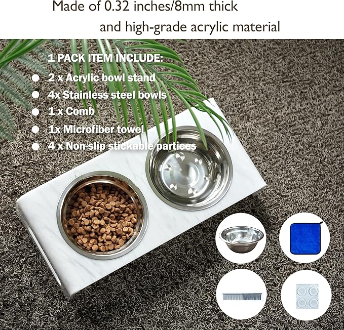 Tilted Raised Cat Bowls, Elevated 15°Orthopedic Bowls for Puppy or Dog, 4 Stainless Steel Pet Feeding Food Dishes Set, Durable Acrylic Stand, Easy to Clean (Marble)