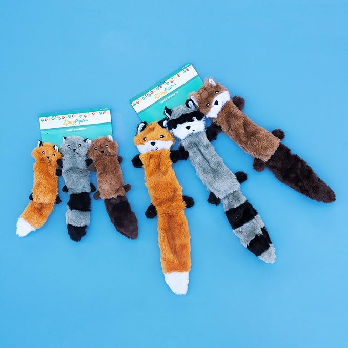 ZippyPaws Skinny Peltz - No Stuffing Dog Toy Pack to Keep Them Busy, for Small and Medium Dogs, Squeaky Pet Toys, Unstuffed Chew Toys, Soft Plush Variety Pack, Fox, Raccoon, and Squirrel - 11"