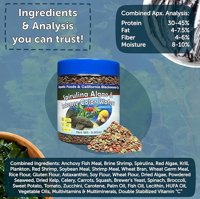 Aquatic Foods Inc. 3.5mm - 1/3" Small Sinking Wafers of Spirulina, Algae & Color Enhancing Wafers for Bottom Fish, Shrimp, Snails, All Tropical Fish. 4-Type Wafer & 12-Type Pellet Mix Included 12oz