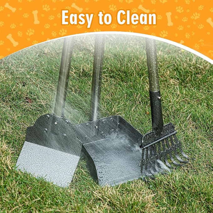 TIMINGILA Pooper Scooper Dog Pooper Scooper Long Handle Stainless Metal Tray Rake Spade Set for Large Medium Small Dogs Easy to Clean Pet Waste Use for Yard, Grass, Dirt or Gravel - Pet Supplies