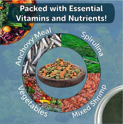 Aquatic Foods Inc. 8mm - 1/3" Small Sinking Wafers of Spirulina, Algae & Color Enhancing Wafers for Bottom Fish, Shrimp, Snails, All Tropical Fish. 4-Type Wafer & 12-Type Pellet Mix Included..12oz