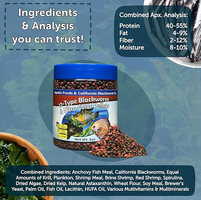 Aquatic Foods Inc. 12-Type Floating & Sinking California Blackworm & Coloring Pellets of 1mm, 2mm, 3mm Size for All Tropical Fish, Koi and Pond Fish, 4-Type Wafer Mix Included...1-lb 4oz Canister