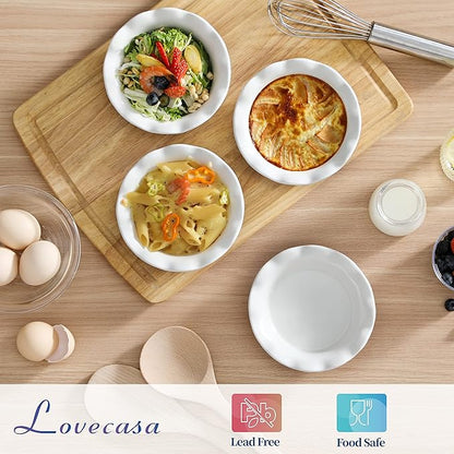 LOVECASA Ceramic Mini Pie Pans Set of 6-5.5 Inch Oven Safe Small Pie Dishes, Nonstick Mini Pot Pie Baking Tins for Chicken Pot Pie, Tarts, Quiches & Desserts, Stackable Ruffled Rims, White