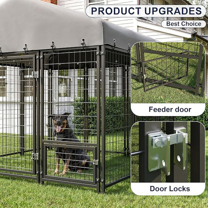 10X14FT Dog Kennel Outside Double Door Dog Kennel Outdoor with Feeding, Heavy Duty Outdoor Dog Crate Durable Dog Cage with Roof & Double Lock