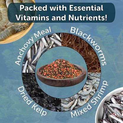 Aquatic Foods Inc. 12-Type Floating & Sinking California Blackworm & Coloring Pellets of 1mm, 2mm, 3mm Size for All Tropical Fish, Koi and Pond Fish, 4-Type Wafer Mix Included...1-lb 4oz Canister