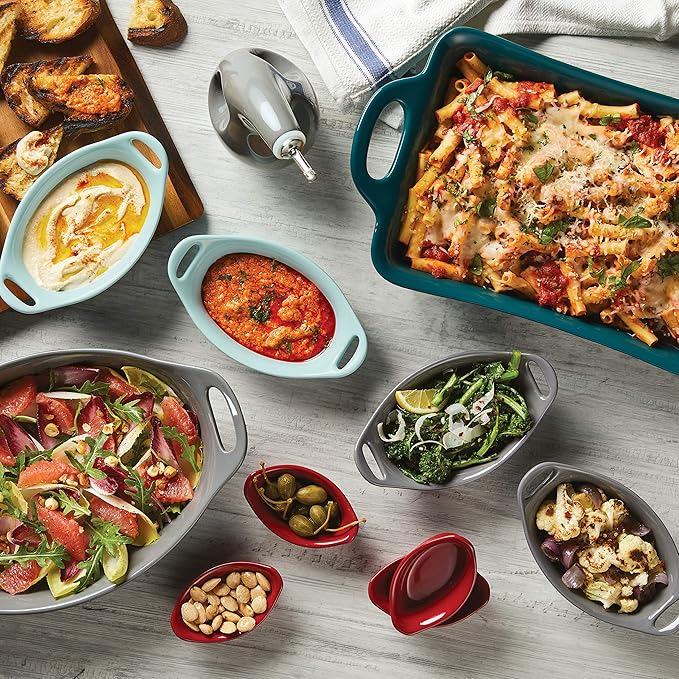 Rachael Ray Solid Glaze Ceramics Au Gratin Bakeware / Baker Set, Oval - 2 Piece, Light Blue